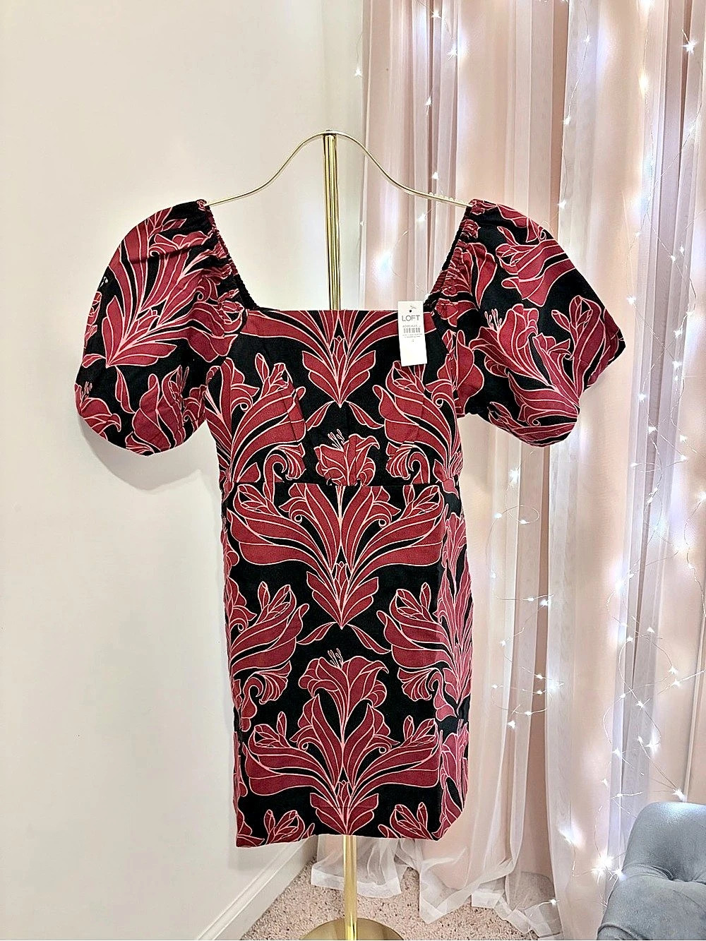 LOFT Floral Linen Cotton Puff Sleeve Mini Pocket Dress Black & Pink NWT